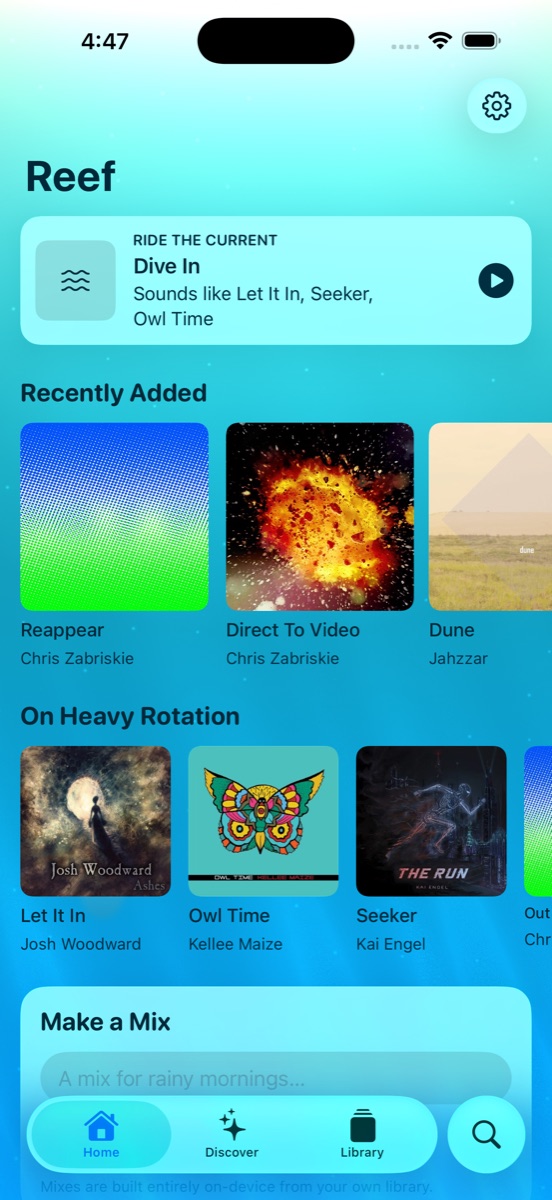 Reef Home tab with Ride the Current, Recently Added and On Heavy Rotation shelves
